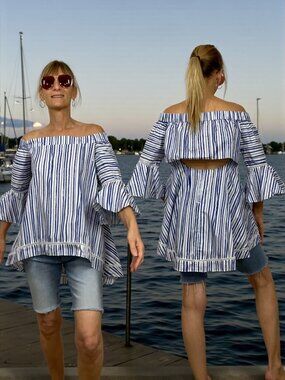 N/Nicholas Blue Stripe Off Shoulder Tunic Top 6 Cutout Back Nautical Cotton